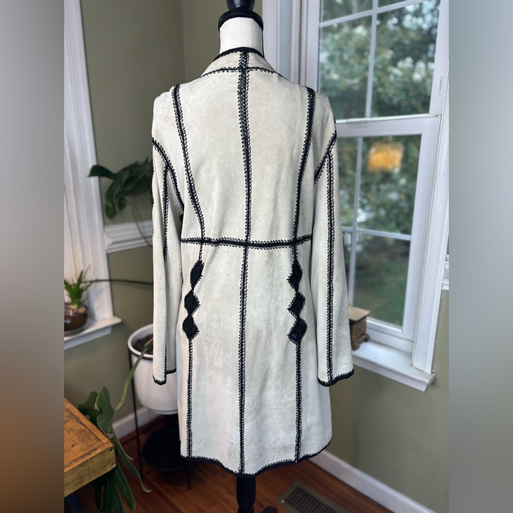 Vintage Boho Cream and Black embroidery trimmed suede leather cardigan coat